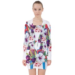 Tropical Parrots V-neck Bodycon Long Sleeve Dress by goljakoff