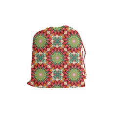 Red Green Floral Pattern Drawstring Pouch (medium) by designsbymallika