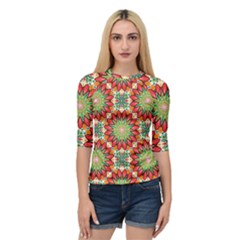 Red Green Floral Pattern Quarter Sleeve Raglan Tee