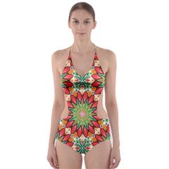 Red Green Floral Pattern Cut-out One Piece Swimsuit by designsbymallika