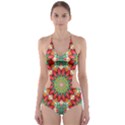 Red Green Floral Pattern Cut-Out One Piece Swimsuit View1