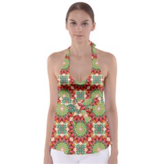 Red Green Floral Pattern Babydoll Tankini Top by designsbymallika