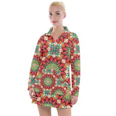 Red Green Floral Pattern Women s Long Sleeve Casual Dress by designsbymallika