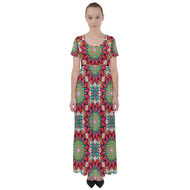 Red Green Floral Pattern High Waist Short Sleeve Maxi Dress