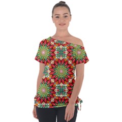 Red Green Floral Pattern Tie-up Tee