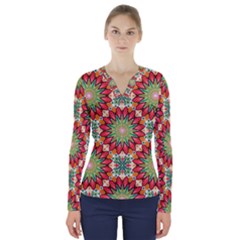 Red Green Floral Pattern V-neck Long Sleeve Top by designsbymallika