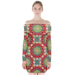 Red Green Floral Pattern Long Sleeve Off Shoulder Dress