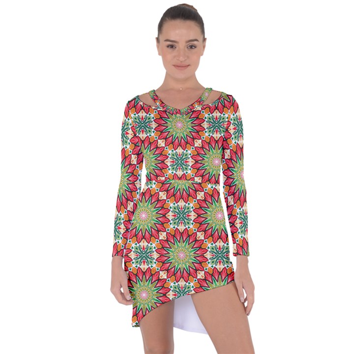 Red Green Floral Pattern Asymmetric Cut-Out Shift Dress