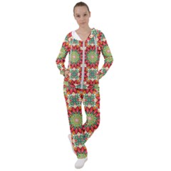 Red Green Floral Pattern Women s Tracksuit by designsbymallika