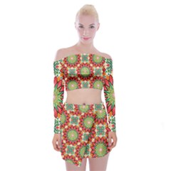 Red Green Floral Pattern Off Shoulder Top With Mini Skirt Set by designsbymallika