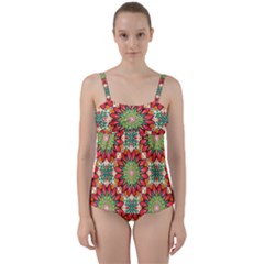 Red Green Floral Pattern Twist Front Tankini Set by designsbymallika