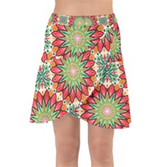 Red Green Floral Pattern Wrap Front Skirt