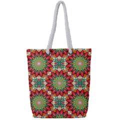 Red Green Floral Pattern Full Print Rope Handle Tote (small)