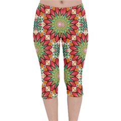 Red Green Floral Pattern Velvet Capri Leggings 