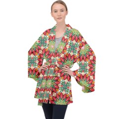 Red Green Floral Pattern Long Sleeve Velvet Kimono  by designsbymallika