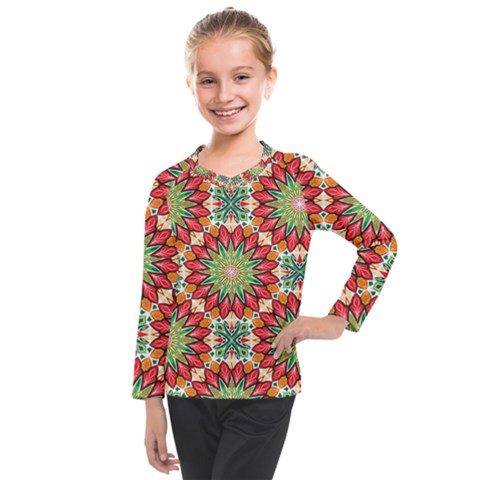 Red Green Floral Pattern Kids  Long Mesh Tee by designsbymallika