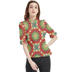 Red Green Floral Pattern Frill Neck Blouse