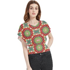 Red Green Floral Pattern Butterfly Chiffon Blouse