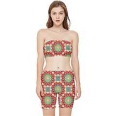 Red Green Floral Pattern Stretch Shorts And Tube Top Set