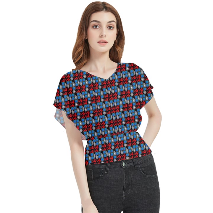 Red And Blue Butterfly Chiffon Blouse