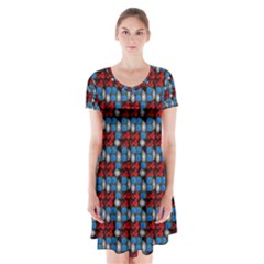 Red And Blue Short Sleeve V-neck Flare Dress by Sparkle