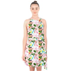 Painted Flowers Halter Collar Waist Tie Chiffon Dress