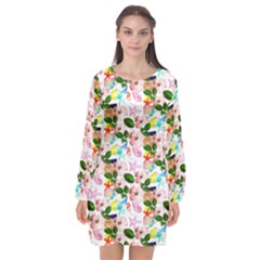 Painted Flowers Long Sleeve Chiffon Shift Dress 