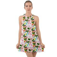 Painted Flowers Halter Tie Back Chiffon Dress by Sparkle