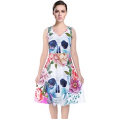 Skull And Flowers V-neck Midi Sleeveless Dress  by goljakoff