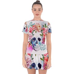 Skull And Flowers Drop Hem Mini Chiffon Dress by goljakoff