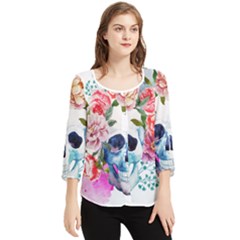 Skull And Flowers Chiffon Quarter Sleeve Blouse