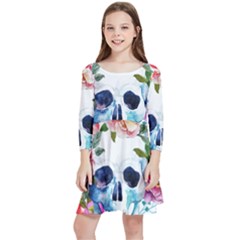 Skull And Flowers Kids  Quarter Sleeve Skater Dress by goljakoff