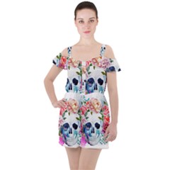 Skull And Flowers Ruffle Cut Out Chiffon Playsuit by goljakoff