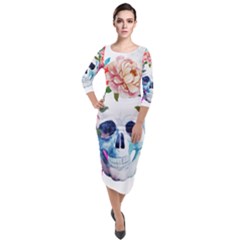 Skull And Flowers Quarter Sleeve Midi Velour Bodycon Dress by goljakoff