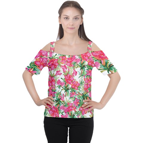 Pink Flowers Cutout Shoulder Tee by goljakoff