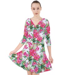 Pink Flowers Quarter Sleeve Front Wrap Dress by goljakoff