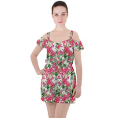 Pink Flowers Ruffle Cut Out Chiffon Playsuit by goljakoff