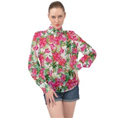 Pink Flowers High Neck Long Sleeve Chiffon Top by goljakoff