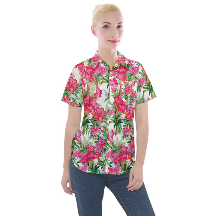 Pink flowers Women s Short Sleeve Pocket Shirt