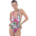 Pink flowers Backless Halter One Piece Swimsuit View1