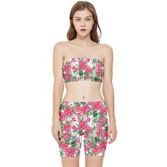 Pink Flowers Stretch Shorts And Tube Top Set