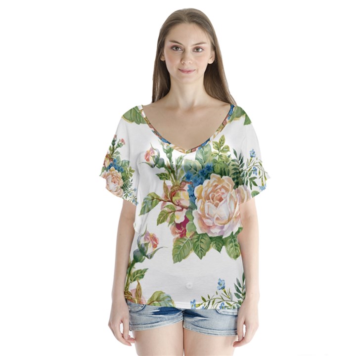 Vintage flowers V-Neck Flutter Sleeve Top