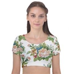 Vintage Flowers Velvet Short Sleeve Crop Top  by goljakoff