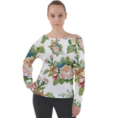 Vintage Flowers Off Shoulder Long Sleeve Velour Top by goljakoff