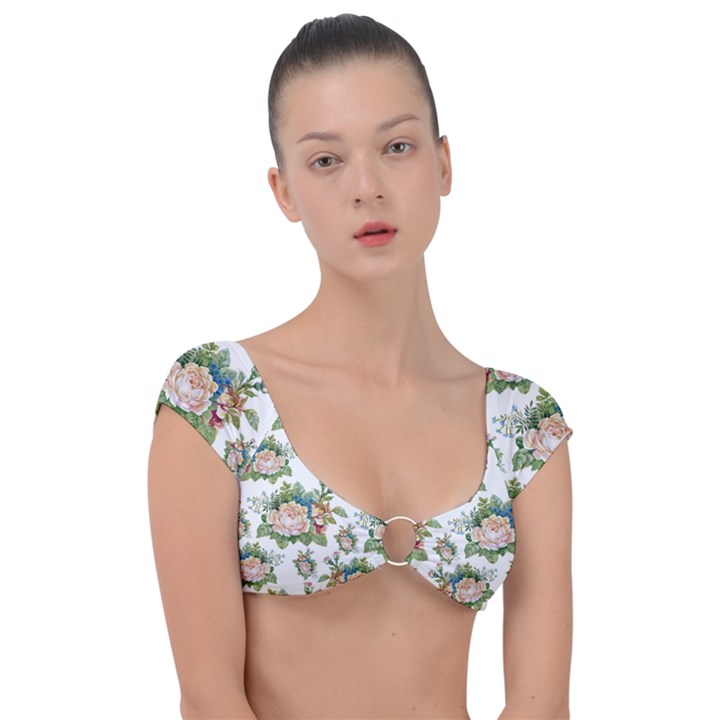 Vintage flowers pattern Cap Sleeve Ring Bikini Top