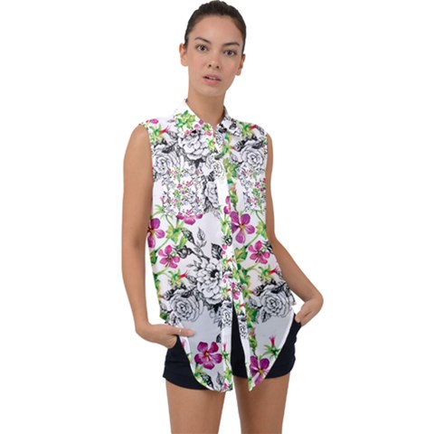 Flowers Sleeveless Chiffon Button Shirt by goljakoff