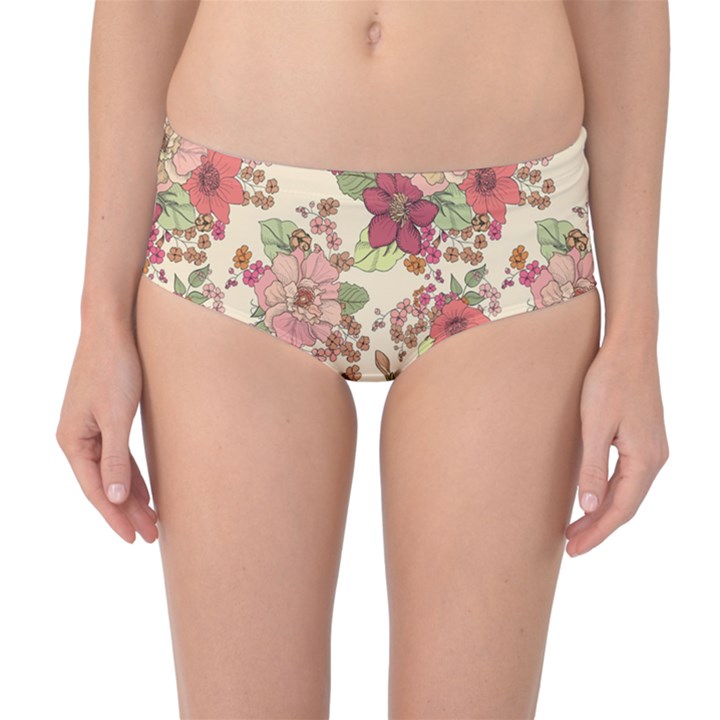 Vintage garden flowers Mid-Waist Bikini Bottoms