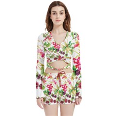 Spring Flowers Velvet Wrap Crop Top And Shorts Set