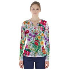 Summer Flowers V-neck Long Sleeve Top by goljakoff