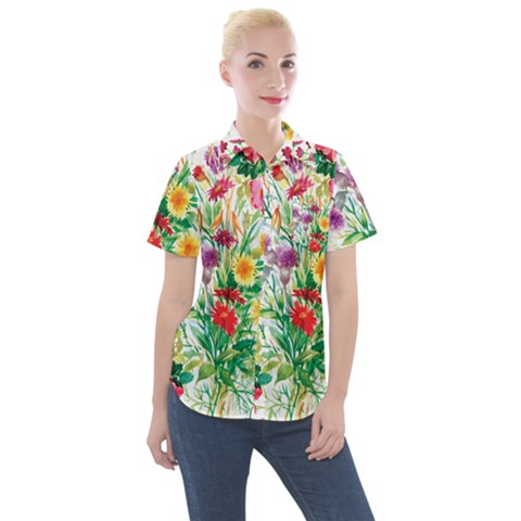 Summer Flowers Women s Short Sleeve Pocket Shirt by goljakoff